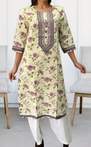 Off White/Lavender Garden Jaipuri Cotton Kurti. Pure Versatile Cotton. | Laces and Frills - Laces and Frills
