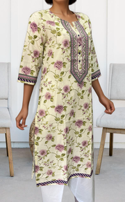 Off White/Lavender Garden Jaipuri Cotton Kurti. Pure Versatile Cotton. | Laces and Frills - Laces and Frills