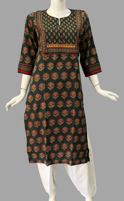 Bottle Green/Maroon Flora Jaipuri Cotton Kurti. Pure Versatile Cotton. | Laces and Frills - Laces and Frills