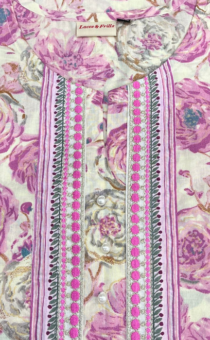 Lavender Pink Garden Jaipuri Cotton Kurti. Pure Versatile Cotton. | Laces and Frills - Laces and Frills