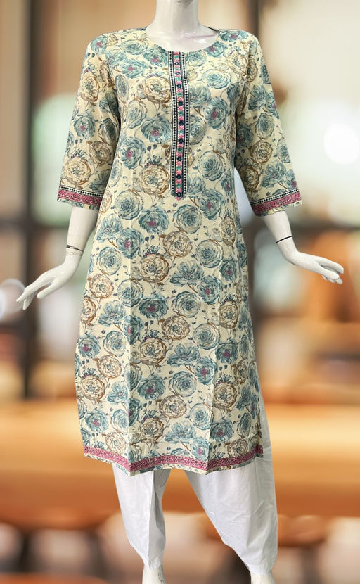 Off White/Sea Green Flora Jaipuri Cotton Kurti. Pure Versatile Cotton. | Laces and Frills - Laces and Frills
