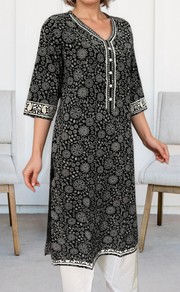 Black/White Floral Garden Jaipuri Cotton Kurti. Pure Versatile Cotton. | Laces and Frills - Laces and Frills