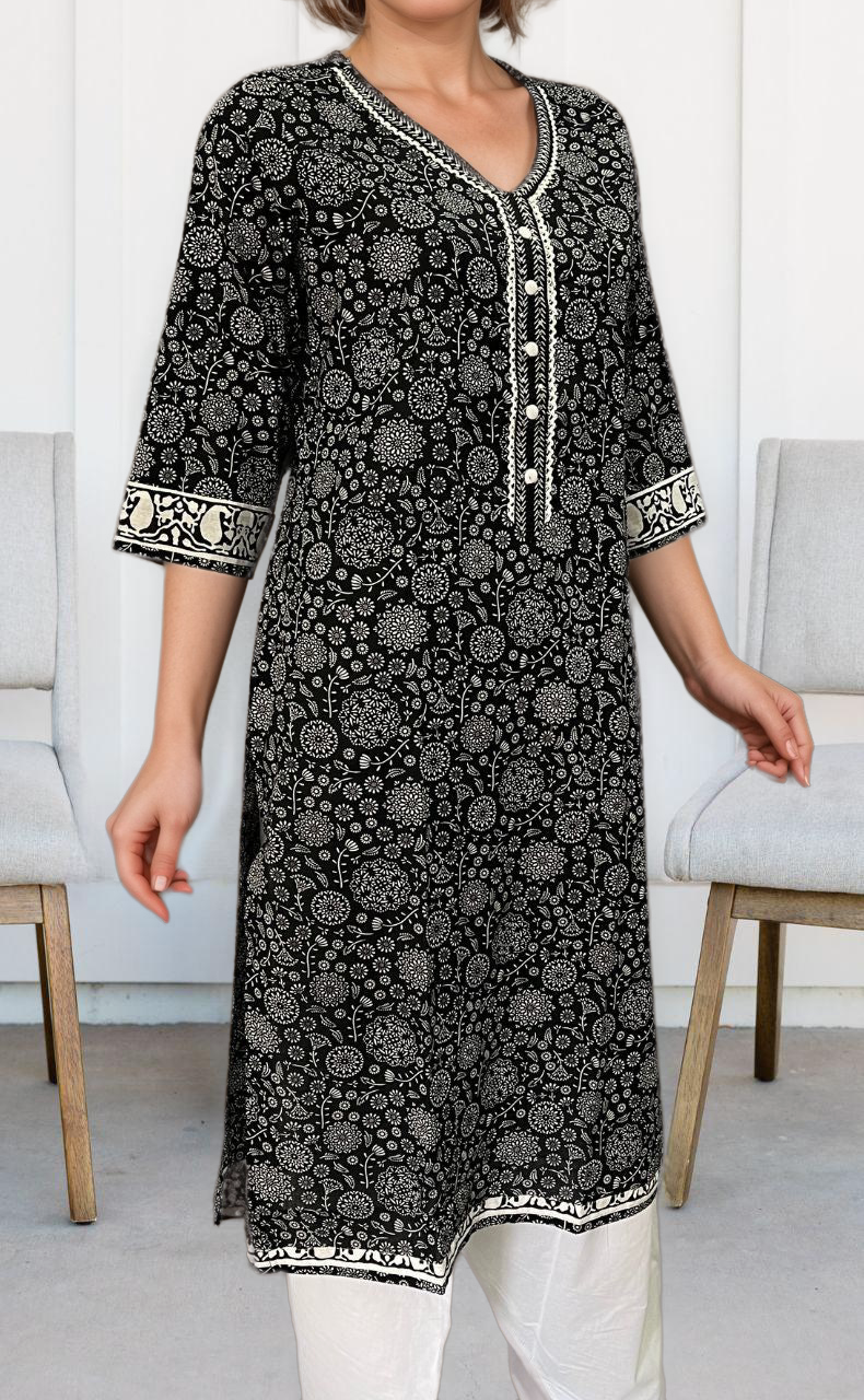 Black/White Floral Garden Jaipuri Cotton Kurti. Pure Versatile Cotton. | Laces and Frills - Laces and Frills