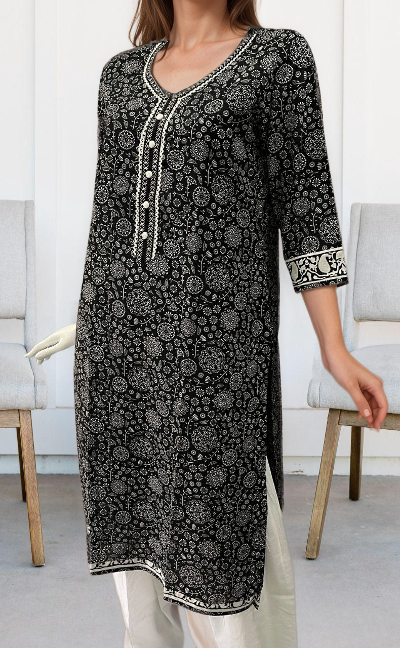 Black/White Floral Garden Jaipuri Cotton Kurti. Pure Versatile Cotton. | Laces and Frills - Laces and Frills