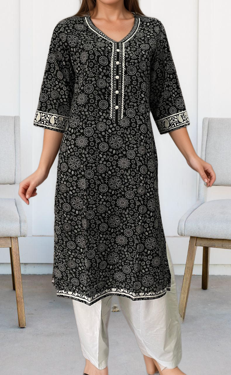 Black/White Floral Garden Jaipuri Cotton Kurti. Pure Versatile Cotton. | Laces and Frills - Laces and Frills