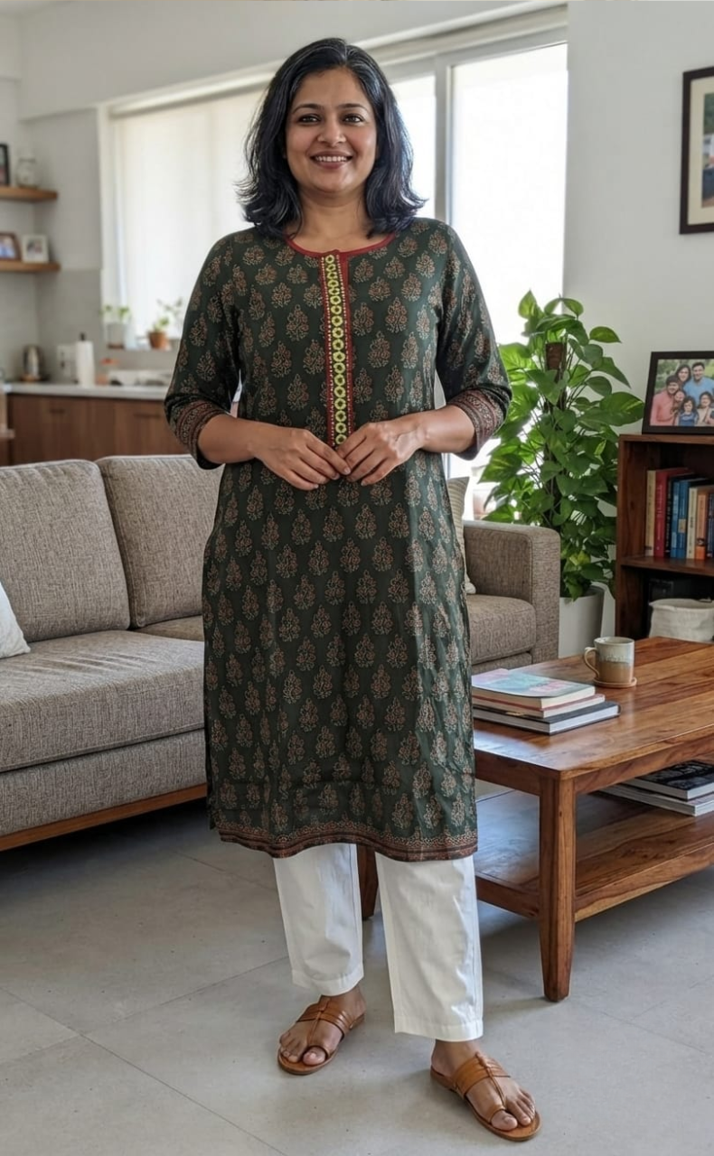 Bottle Green/Maroon Flora Motif Jaipuri Cotton Kurti. Pure Versatile Cotton. | Laces and Frills