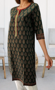 Bottle Green/Maroon Flora Motif Jaipuri Cotton Kurti. Pure Versatile Cotton. | Laces and Frills - Laces and Frills