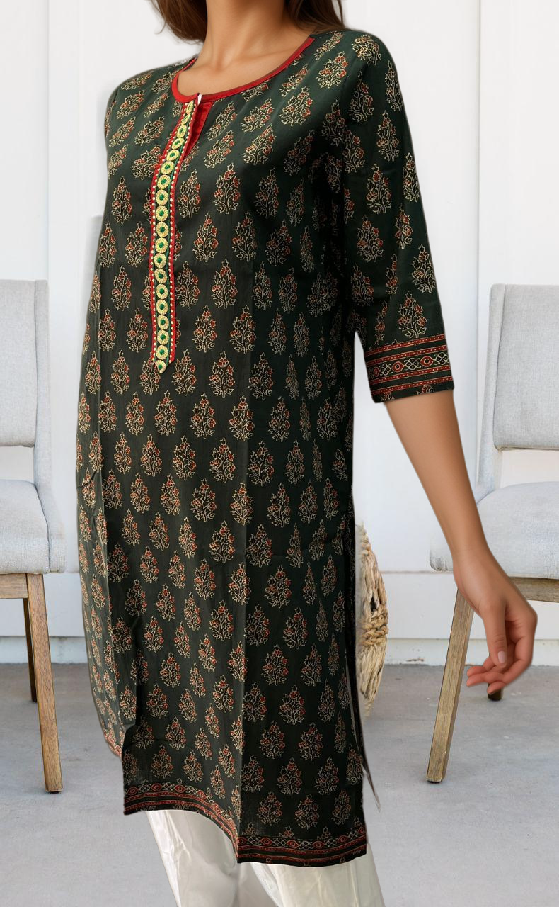 Bottle Green/Maroon Flora Motif Jaipuri Cotton Kurti. Pure Versatile Cotton. | Laces and Frills - Laces and Frills