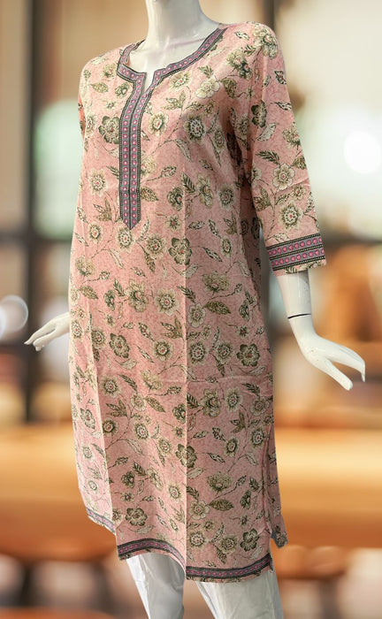 Light Pink/Green Flora Motif Jaipuri Cotton Kurti. Pure Versatile Cotton. | Laces and Frills - Laces and Frills