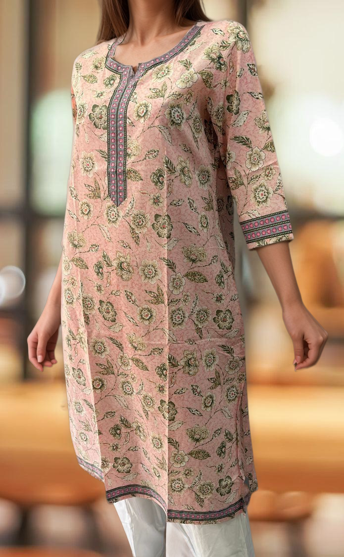 Light Pink/Green Flora Motif Jaipuri Cotton Kurti. Pure Versatile Cotton. | Laces and Frills - Laces and Frills