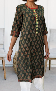 Bottle Green/Maroon Flora Motif Jaipuri Cotton Kurti. Pure Versatile Cotton. | Laces and Frills - Laces and Frills