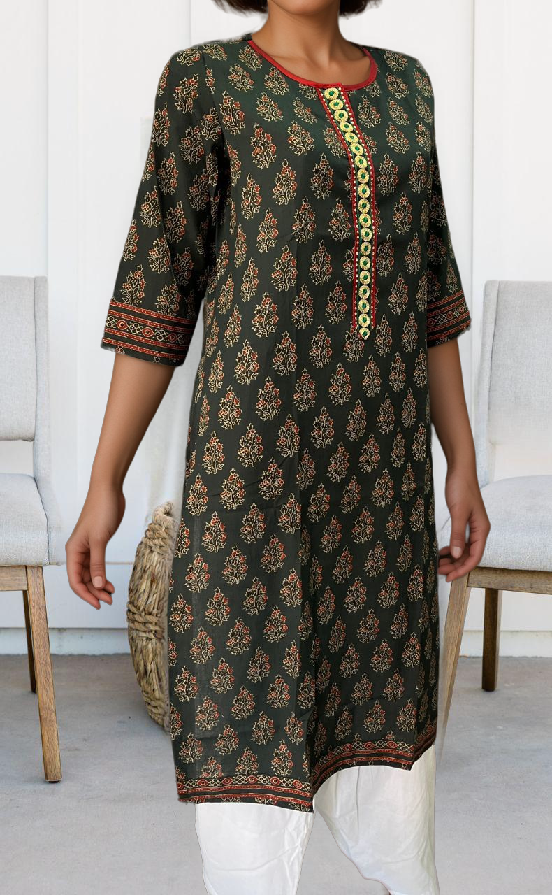 Bottle Green/Maroon Flora Motif Jaipuri Cotton Kurti. Pure Versatile Cotton. | Laces and Frills - Laces and Frills