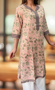 Light Pink/Green Flora Motif Jaipuri Cotton Kurti. Pure Versatile Cotton. | Laces and Frills - Laces and Frills