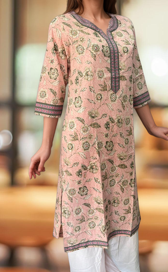 Light Pink/Green Flora Motif Jaipuri Cotton Kurti. Pure Versatile Cotton. | Laces and Frills - Laces and Frills