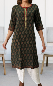 Bottle Green/Maroon Flora Motif Jaipuri Cotton Kurti. Pure Versatile Cotton. | Laces and Frills - Laces and Frills