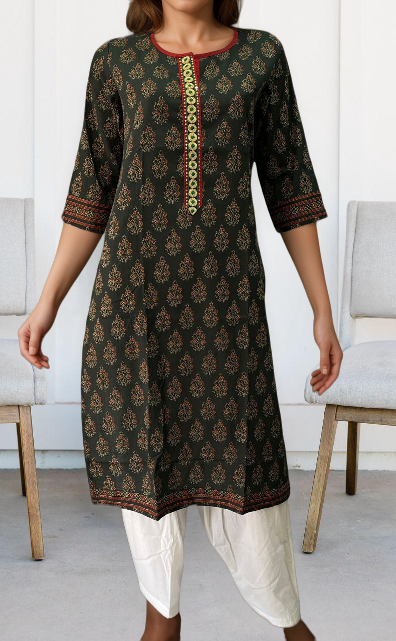 Bottle Green/Maroon Flora Motif Jaipuri Cotton Kurti. Pure Versatile Cotton. | Laces and Frills - Laces and Frills