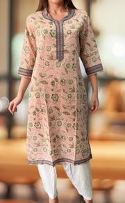 Light Pink/Green Flora Motif Jaipuri Cotton Kurti. Pure Versatile Cotton. | Laces and Frills - Laces and Frills