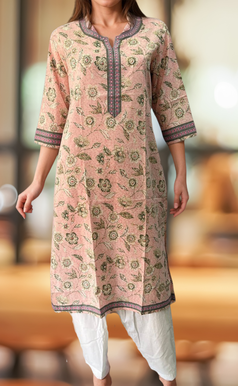 Light Pink/Green Flora Motif Jaipuri Cotton Kurti. Pure Versatile Cotton. | Laces and Frills - Laces and Frills