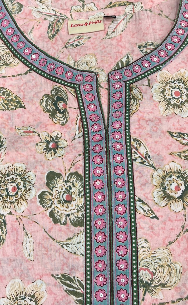 Light Pink/Green Flora Motif Jaipuri Cotton Kurti. Pure Versatile Cotton. | Laces and Frills - Laces and Frills