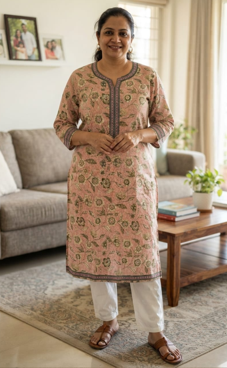 Light Pink/Green Flora Motif Jaipuri Cotton Kurti. Pure Versatile Cotton. | Laces and Frills