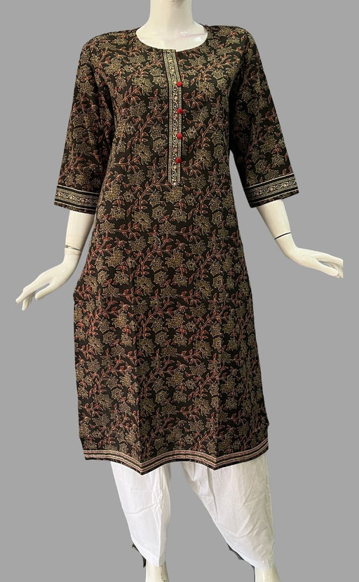 Black/Maroon Leaves Jaipuri Cotton Kurti. Pure Versatile Cotton. | Laces and Frills - Laces and Frills