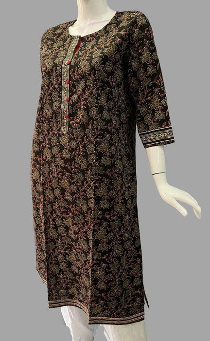 Black/Maroon Leaves Jaipuri Cotton Kurti. Pure Versatile Cotton. | Laces and Frills - Laces and Frills