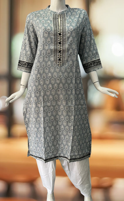 Grey/Black Floral Jaipuri Cotton Kurti. Pure Versatile Cotton. | Laces and Frills - Laces and Frills