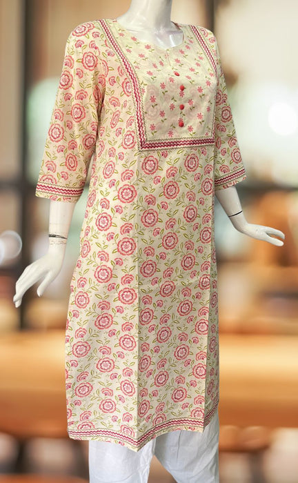 Off White/Pink Tiny Floral Jaipuri Cotton Kurti. Pure Versatile Cotton. | Laces and Frills - Laces and Frills