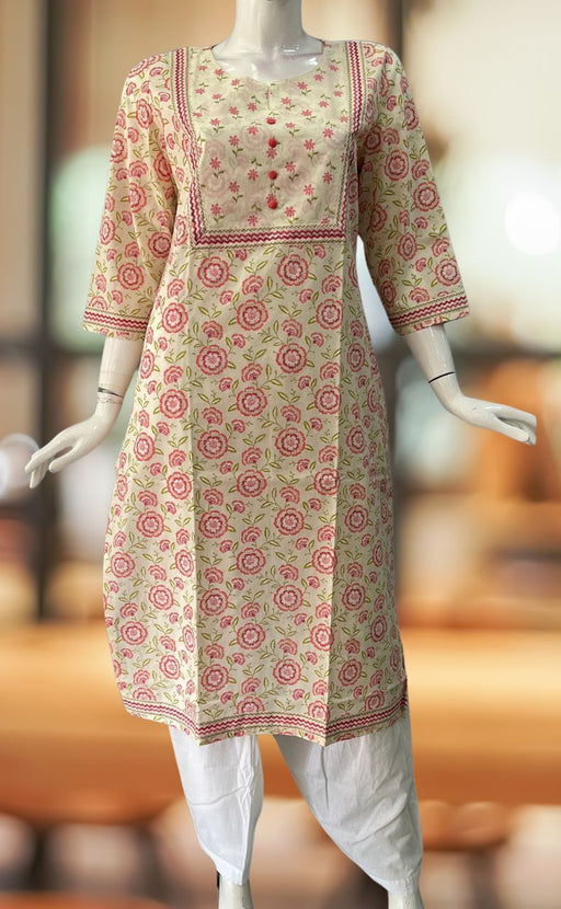 Off White/Pink Tiny Floral Jaipuri Cotton Kurti. Pure Versatile Cotton. | Laces and Frills - Laces and Frills