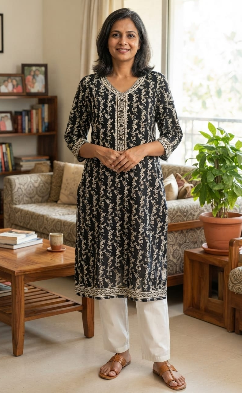 Black/White Garden Jaipuri Cotton Kurti. Pure Versatile Cotton. | Laces and Frills
