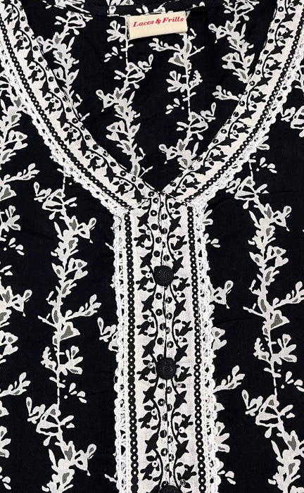Black/White Garden Jaipuri Cotton Kurti. Pure Versatile Cotton. | Laces and Frills - Laces and Frills