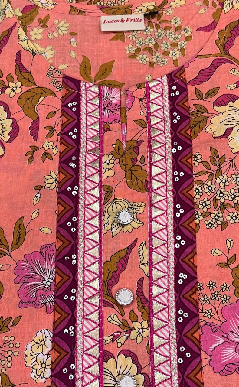 Peach Floral Jaipuri Cotton Kurti. Pure Versatile Cotton. | Laces and Frills - Laces and Frills