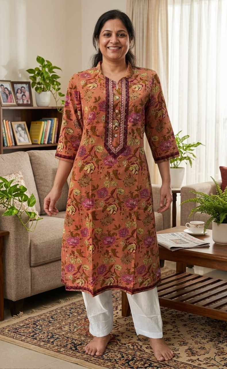 Peach Floral Jaipuri Cotton Kurti. Pure Versatile Cotton. | Laces and Frills