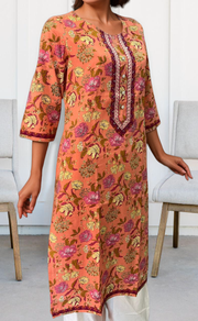 Peach Floral Jaipuri Cotton Kurti. Pure Versatile Cotton. | Laces and Frills - Laces and Frills
