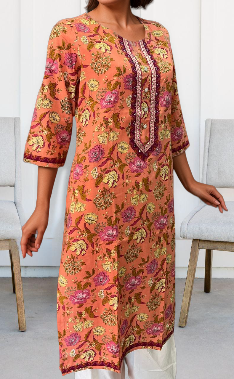 Peach Floral Jaipuri Cotton Kurti. Pure Versatile Cotton. | Laces and Frills - Laces and Frills