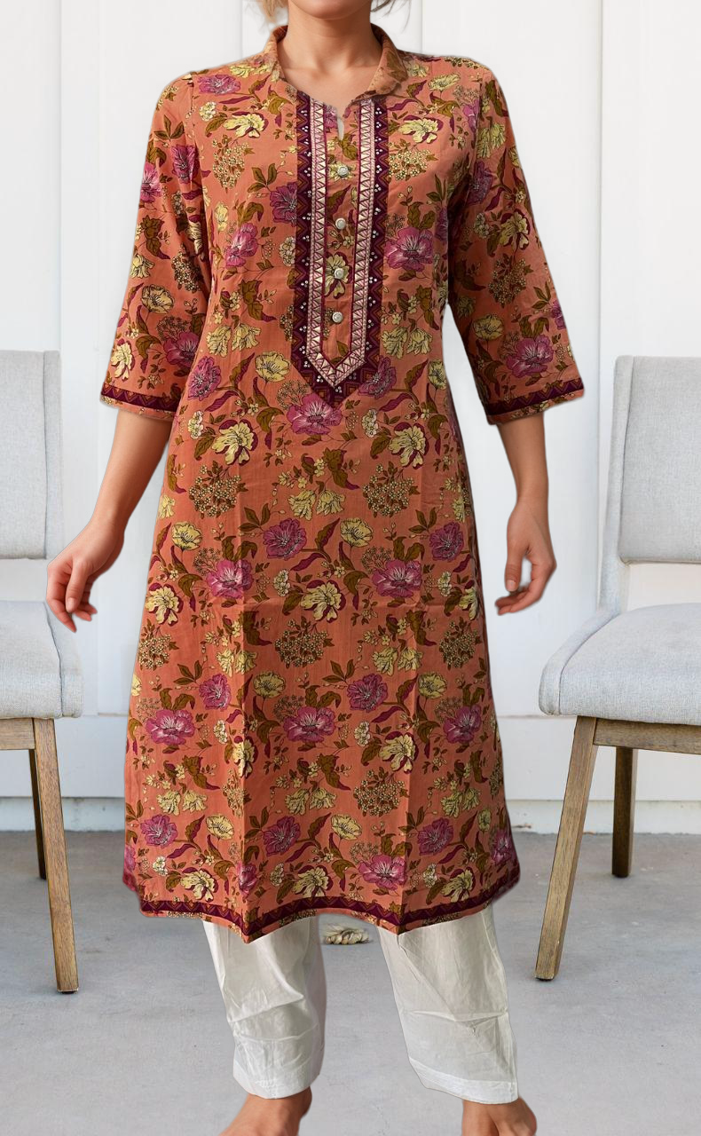 Peach Floral Jaipuri Cotton Kurti. Pure Versatile Cotton. | Laces and Frills - Laces and Frills