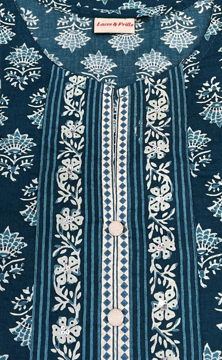 Teal Blue Floral Jaipuri Cotton Kurti. Pure Versatile Cotton. | Laces and Frills - Laces and Frills