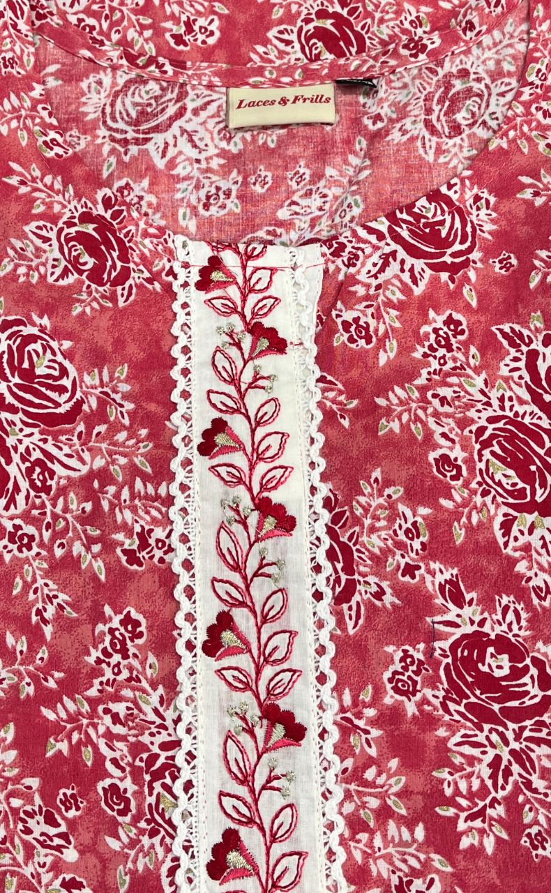 Peach Floral Jaipuri Cotton Kurti. Pure Versatile Cotton. | Laces and Frills - Laces and Frills
