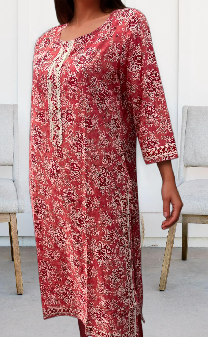 Peach Floral Jaipuri Cotton Kurti. Pure Versatile Cotton. | Laces and Frills - Laces and Frills