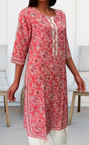 Peach Floral Jaipuri Cotton Kurti. Pure Versatile Cotton. | Laces and Frills - Laces and Frills