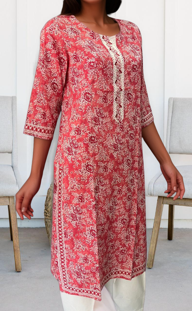 Peach Floral Jaipuri Cotton Kurti. Pure Versatile Cotton. | Laces and Frills - Laces and Frills
