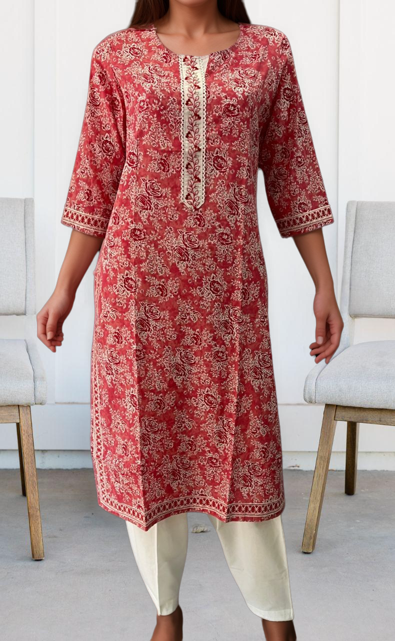 Peach Floral Jaipuri Cotton Kurti. Pure Versatile Cotton. | Laces and Frills - Laces and Frills