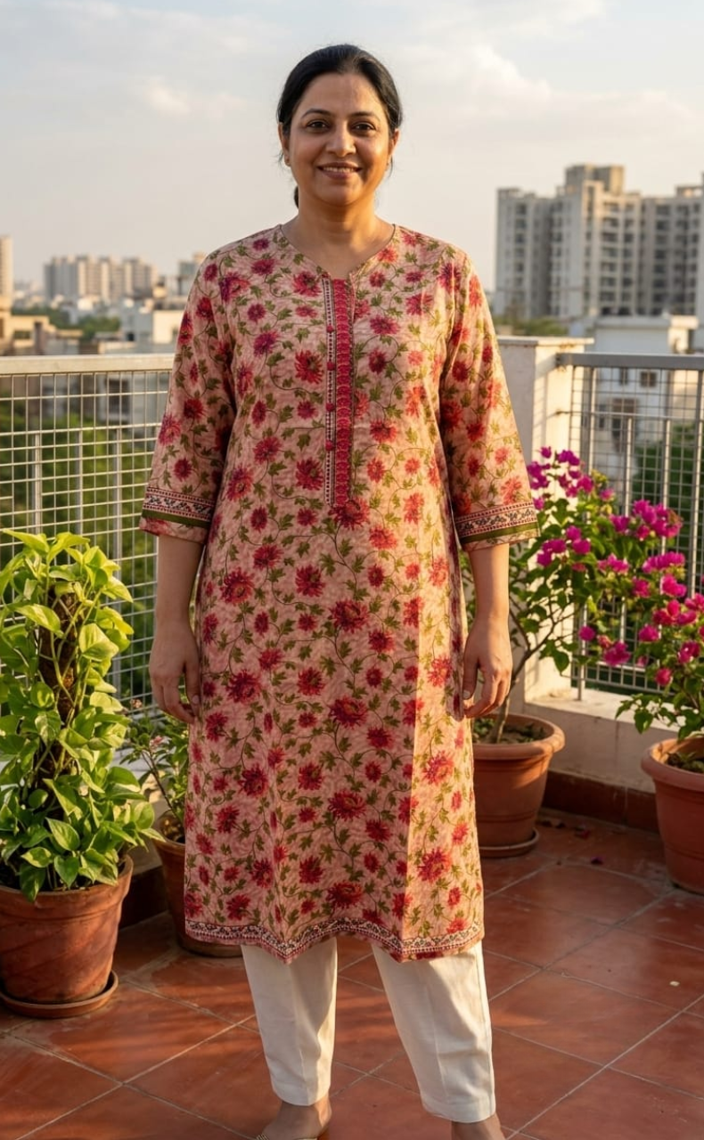 Light Pink Garden Jaipuri Cotton Kurti. Pure Versatile Cotton. | Laces and Frills