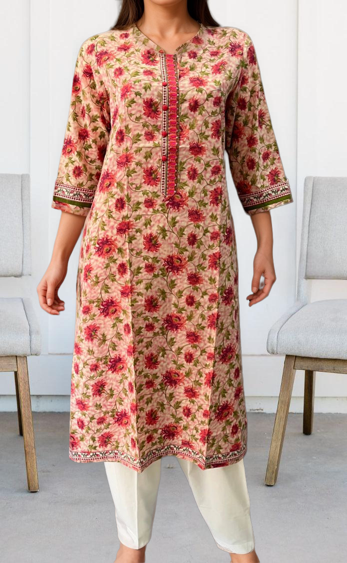 Light Pink Garden Jaipuri Cotton Kurti. Pure Versatile Cotton. | Laces and Frills - Laces and Frills