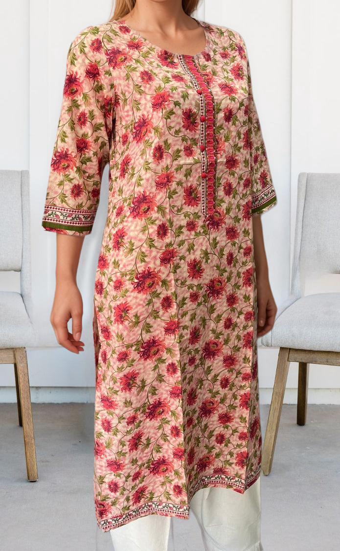 Light Pink Garden Jaipuri Cotton Kurti. Pure Versatile Cotton. | Laces and Frills - Laces and Frills