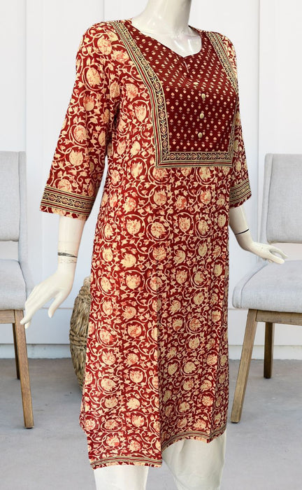 Maroon Floral Jaipuri Cotton Kurti. Pure Versatile Cotton. | Laces and Frills - Laces and Frills