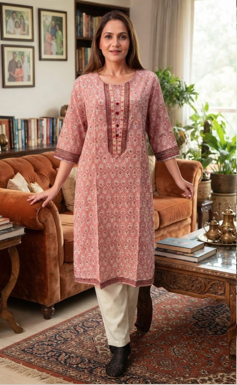 Baby Pink Garden Jaipuri Cotton Kurti. Pure Versatile Cotton. | Laces and Frills