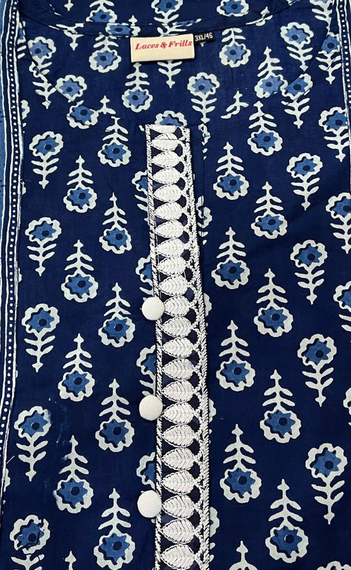 Blue Floral Jaipuri Cotton Kurti. Pure Versatile Cotton. | Laces and Frills - Laces and Frills