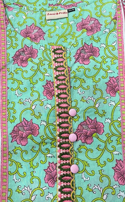 Pista Green Garden Jaipuri Cotton Kurti. Pure Versatile Cotton. | Laces and Frills - Laces and Frills
