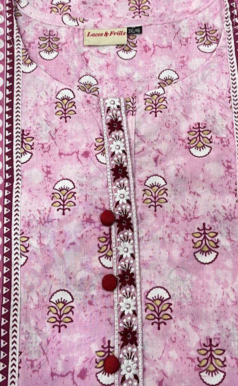 Lavender Pink Floral Garden Jaipuri Cotton Kurti. Pure Versatile Cotton. | Laces and Frills - Laces and Frills
